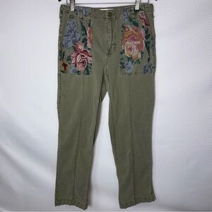 Anthropologie Sz 28 Relaxed Embroidered Trousers Floral Tapestry Pockets Green